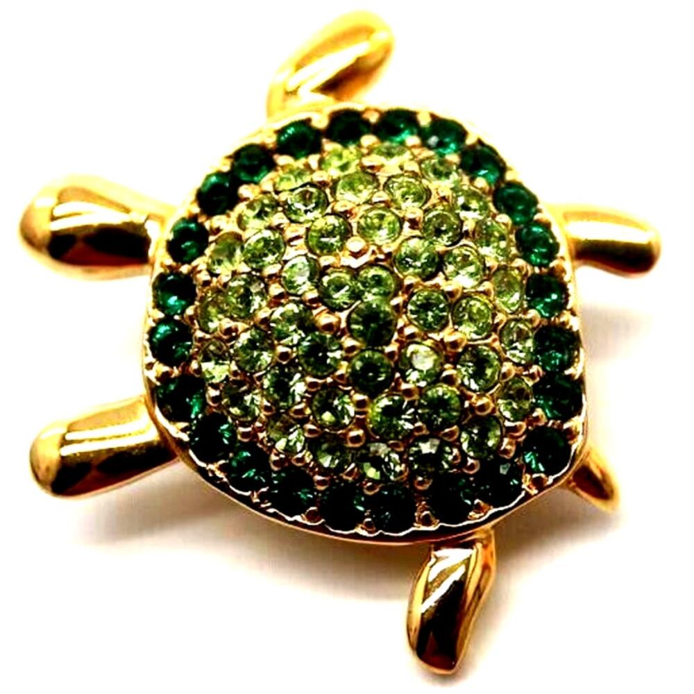 Monet Rhinestone Turtle Brooch Pin Light Dark Green Gold Tone